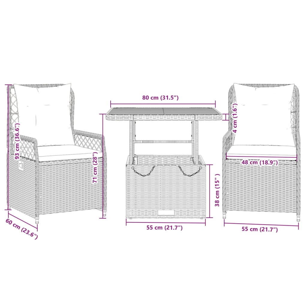 3 részes fekete polyrattan kerti étkezőgarnitúra párnákkal 9
