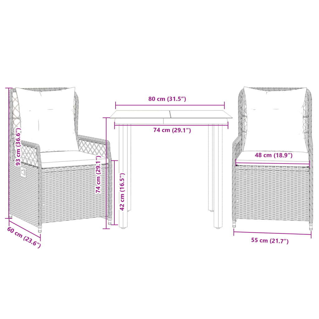 3 részes szürke polyrattan kerti étkezőgarnitúra párnával 8