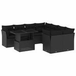 9 részes fekete polyrattan kerti ülőgarnitúra párnákkal 2