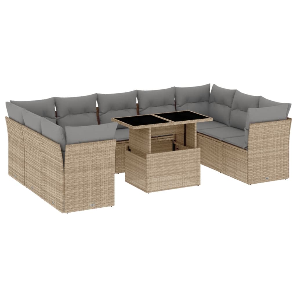 10 részes bézs polyrattan kerti ülőgarnitúra párnával 2