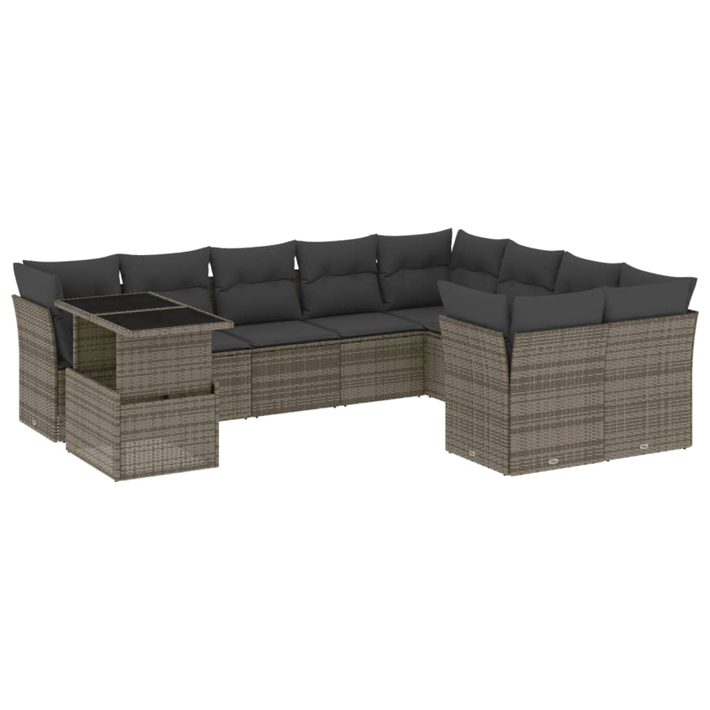 10 részes szürke polyrattan kerti ülőgarnitúra párnákkal 2