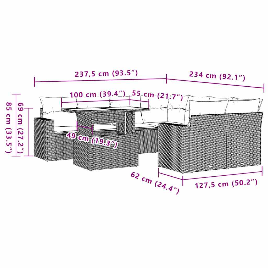 9 részes fekete polyrattan kerti ülőgarnitúra párnákkal 10