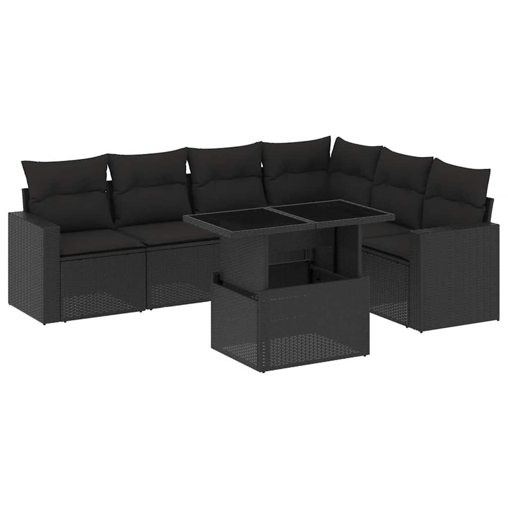 7 részes fekete polyrattan kerti ülőgarnitúra párnával 2