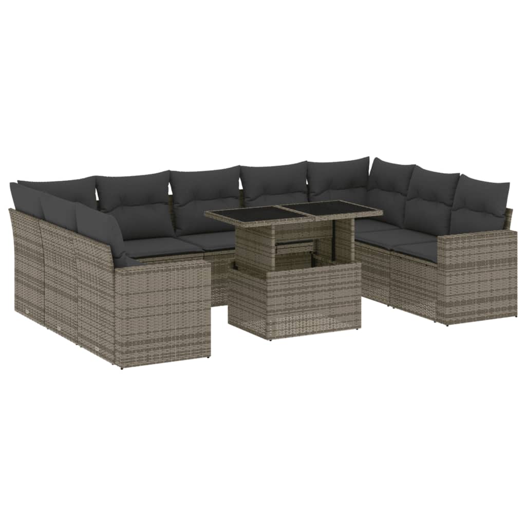 10 részes szürke polyrattan kerti ülőgarnitúra párnákkal 2