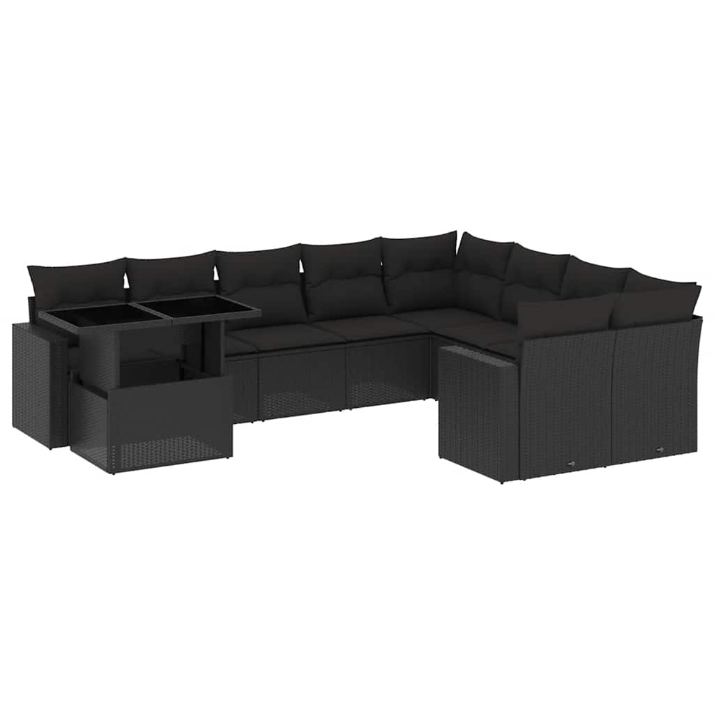 10 részes fekete polyrattan kerti ülőgarnitúra párnákkal 2
