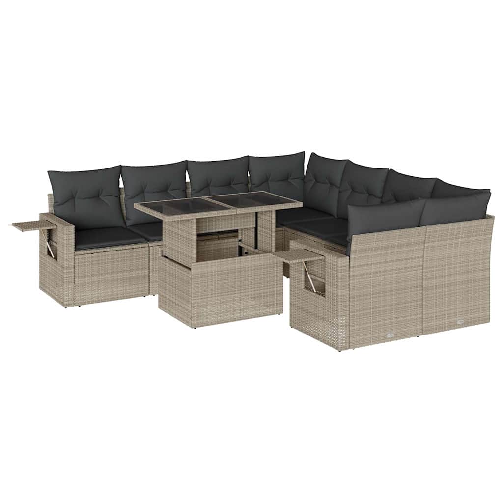 9 részes világosszürke polyrattan kerti ülőgarnitúra párnával 2