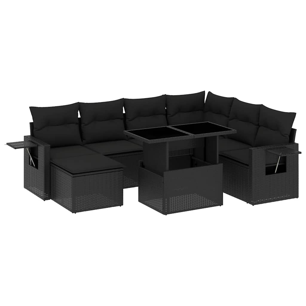 9 részes fekete polyrattan kerti ülőgarnitúra párnákkal 2