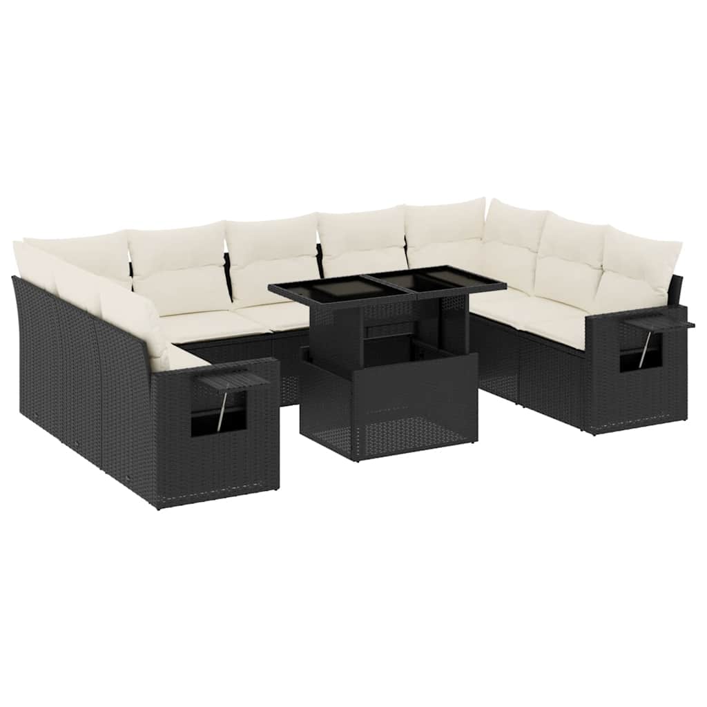 10 részes fekete polyrattan kerti ülőgarnitúra párnákkal 2