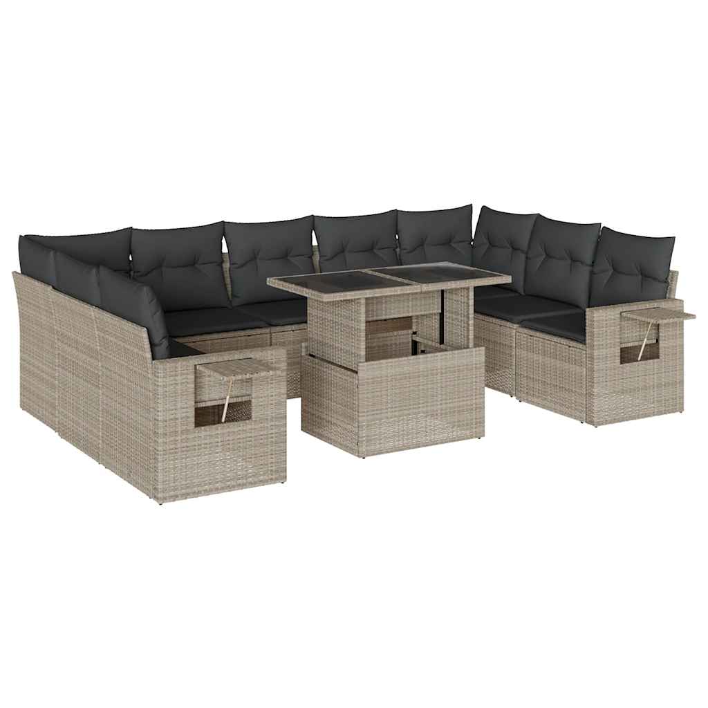 10 részes világosszürke polyrattan kerti ülőgarnitúra párnákkal 2
