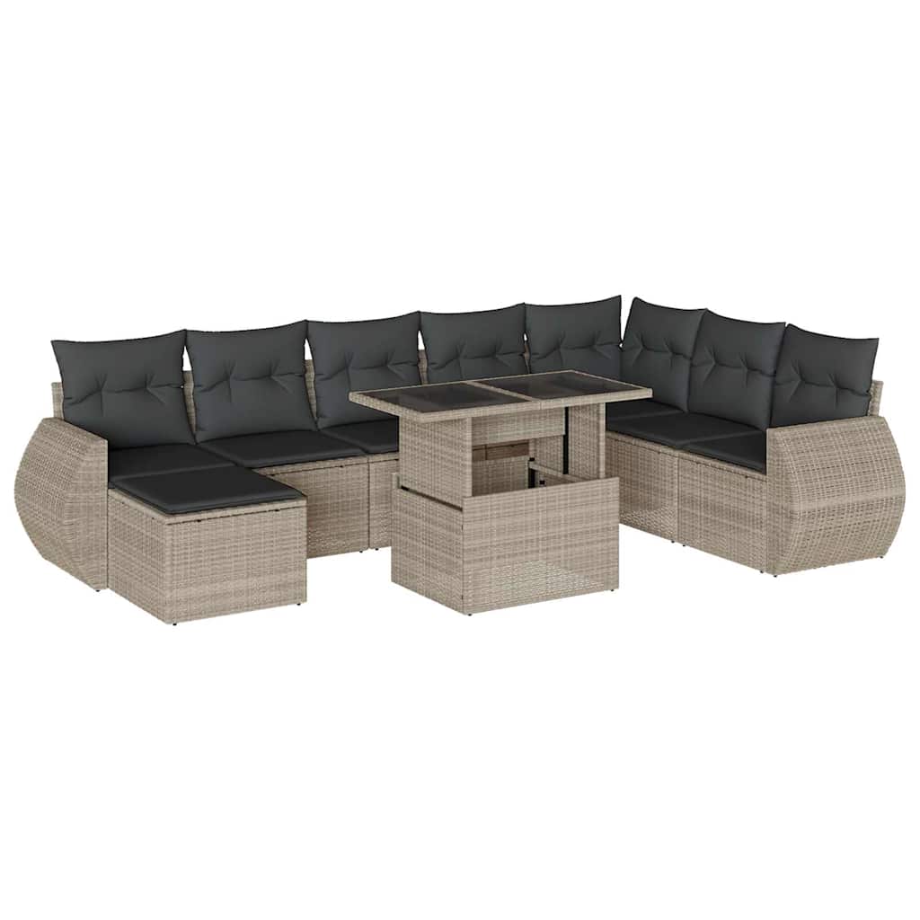 9 részes világosszürke polyrattan kerti ülőgarnitúra párnával 2
