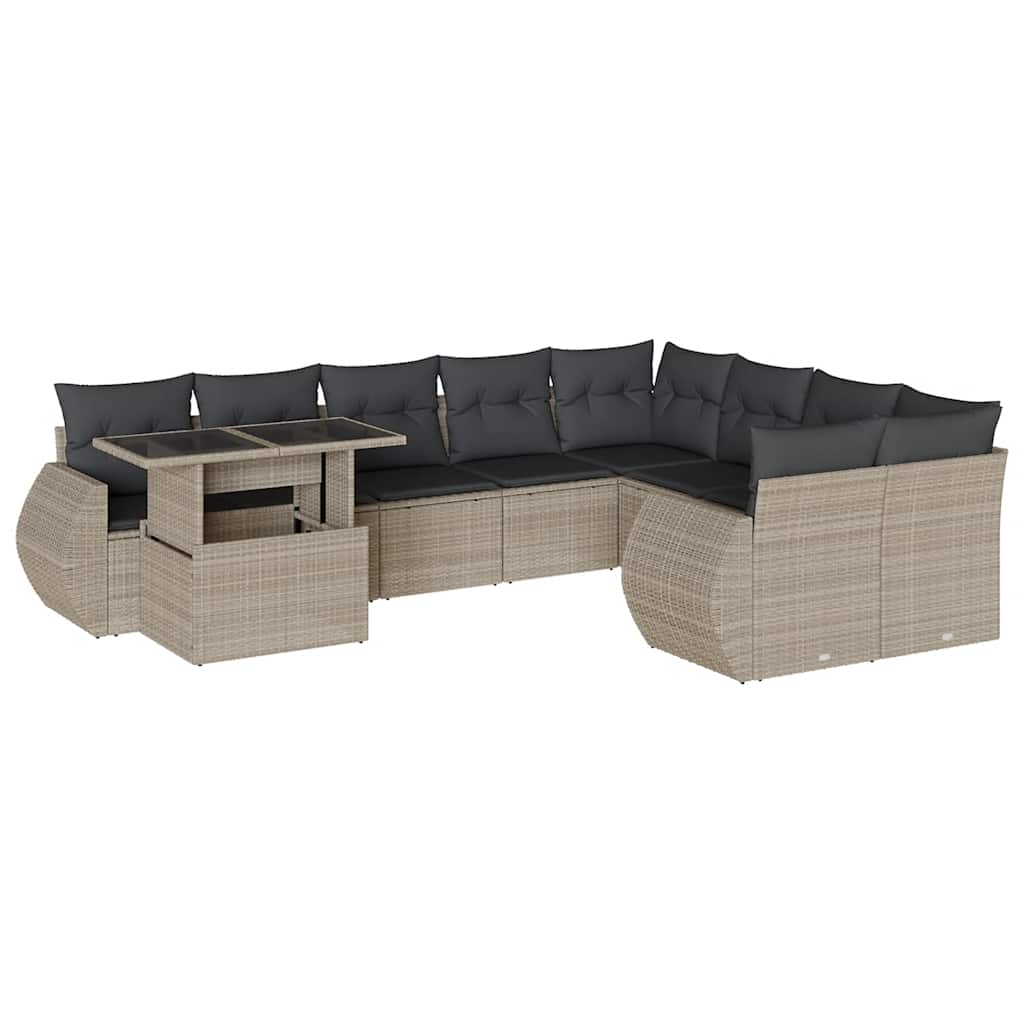 10 részes világosszürke polyrattan kerti ülőgarnitúra párnákkal 2