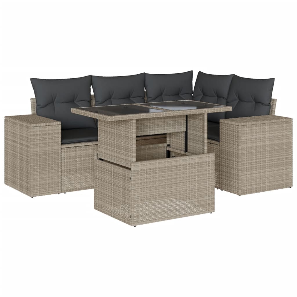 5 részes világosszürke polyrattan kerti ülőgarnitúra párnákkal 2