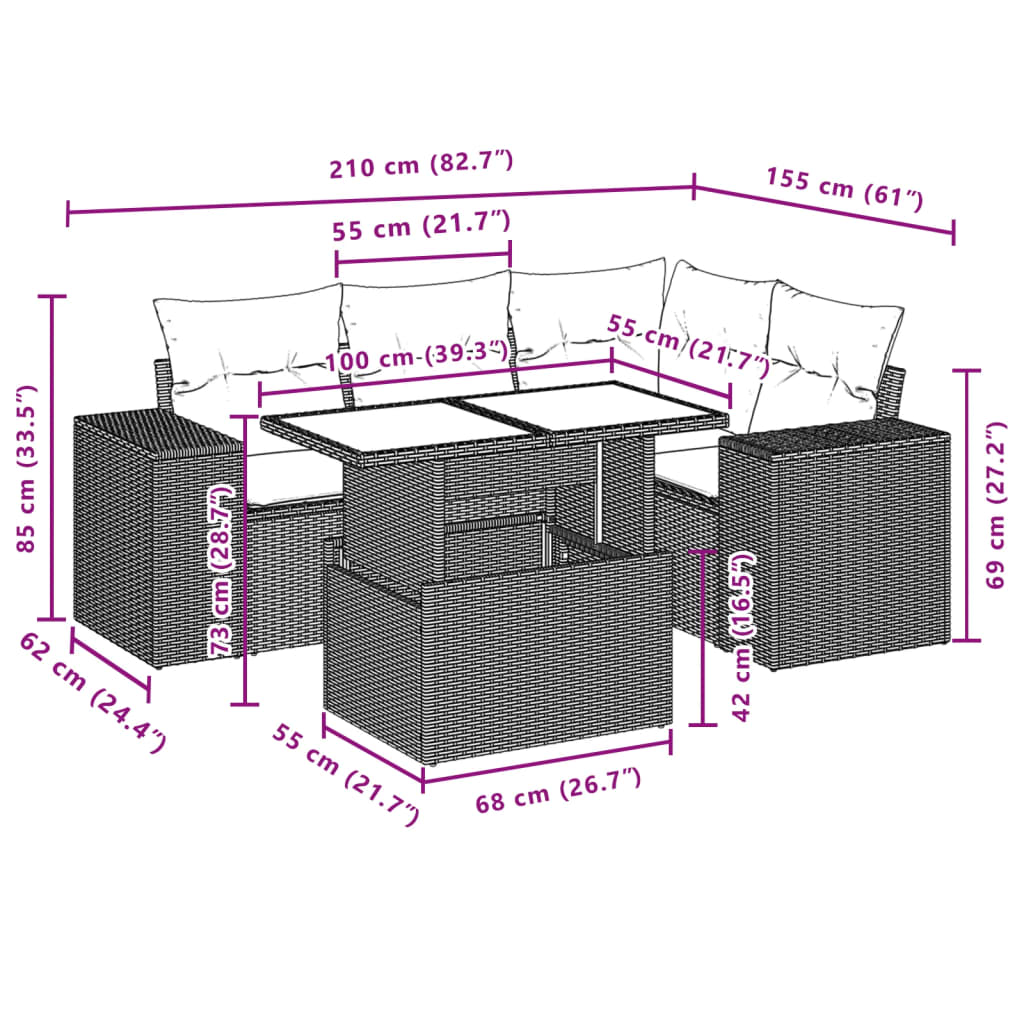 5 részes világosszürke polyrattan kerti ülőgarnitúra párnákkal 10