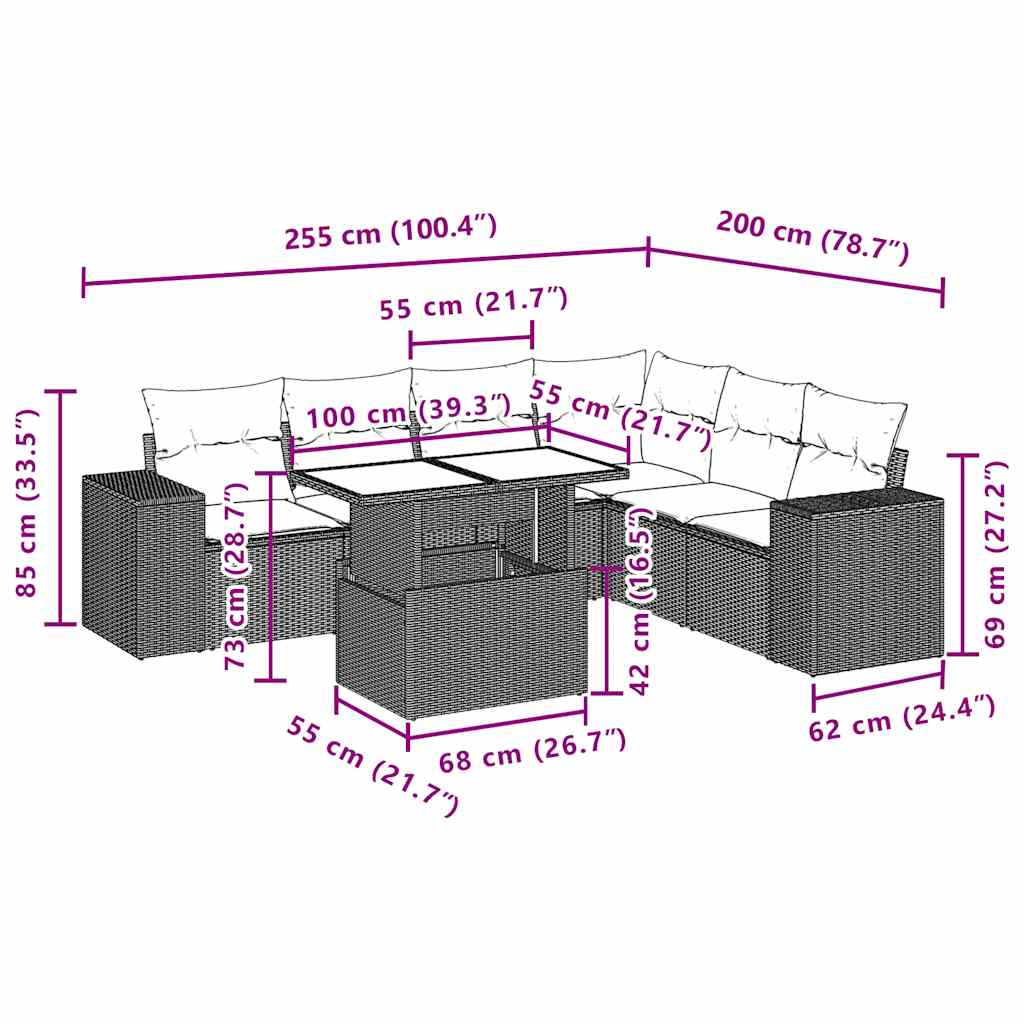 7 db barna polyrattan kerti kanapégarnitúra párnákkal 10