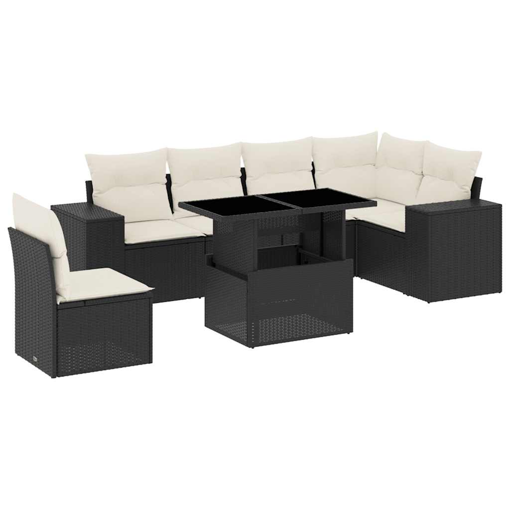 7 részes fekete polyrattan kerti ülőgarnitúra párnával 2