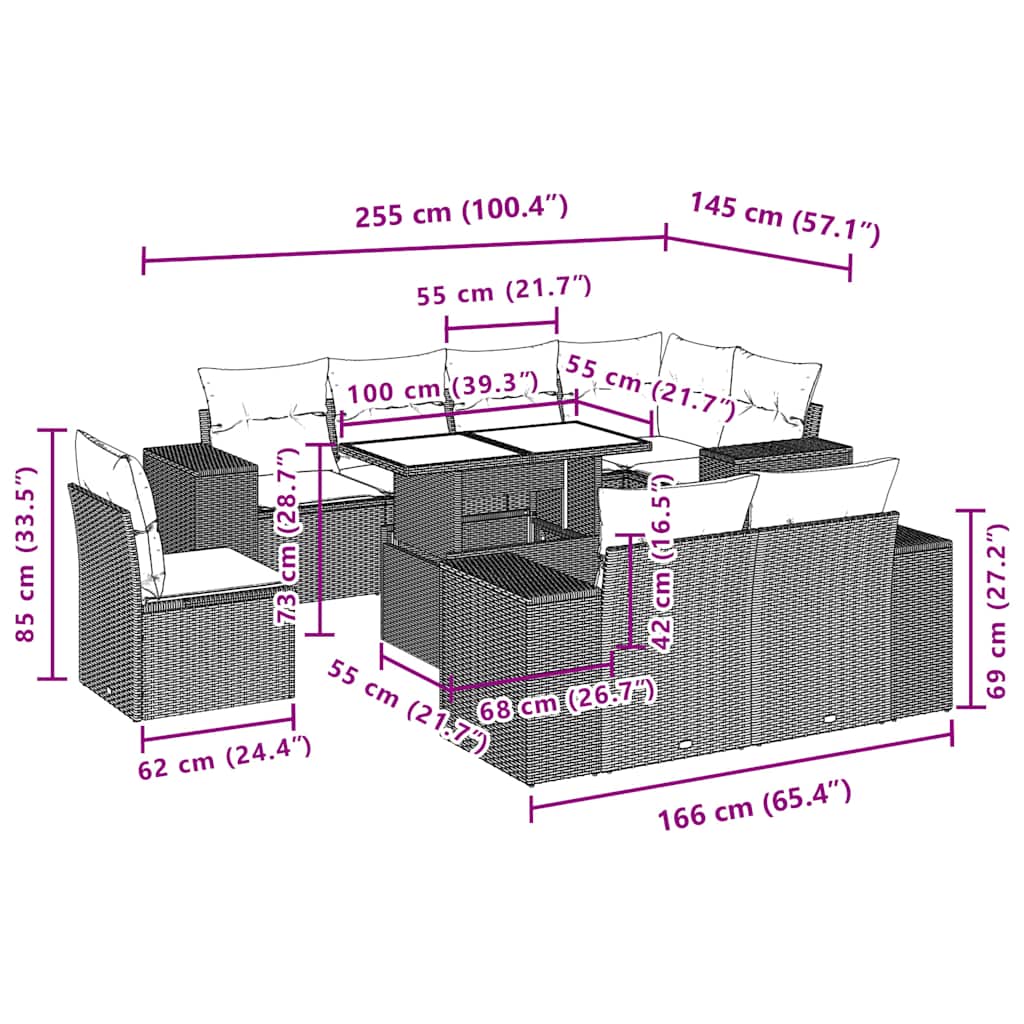 9 db szürke polyrattan kerti kanapégarnitúra párnákkal 10