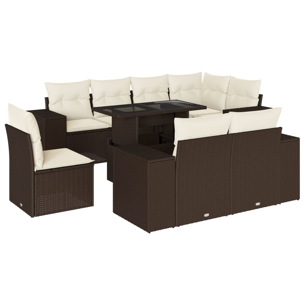 9 részes barna polyrattan kerti ülőgarnitúra párnákkal 2