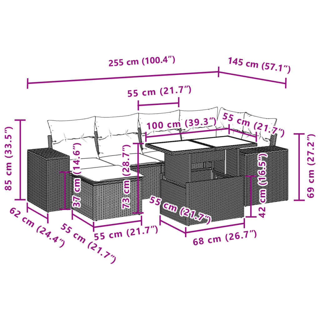 7 részes bézs polyrattan kerti ülőgarnitúra párnákkal 11