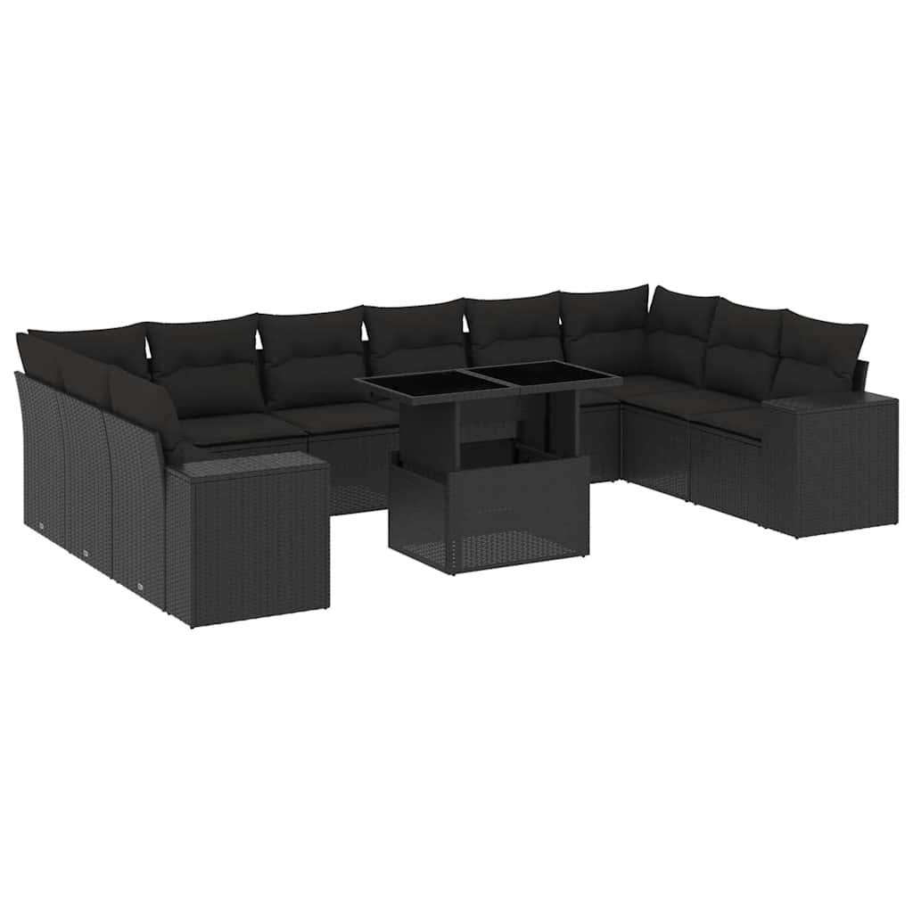 11 részes fekete polyrattan kerti ülőgarnitúra párnákkal 2