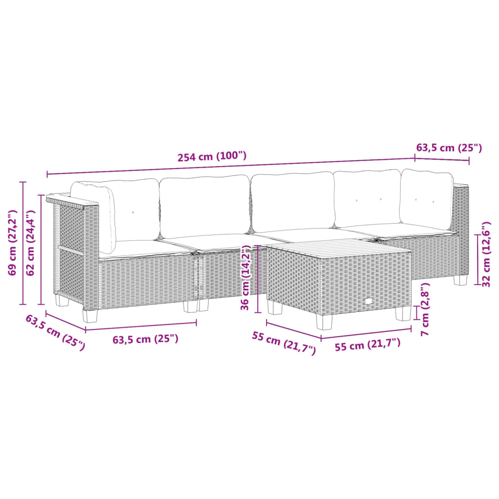 5 részes fekete polyrattan kerti kanapészett párnákkal 8