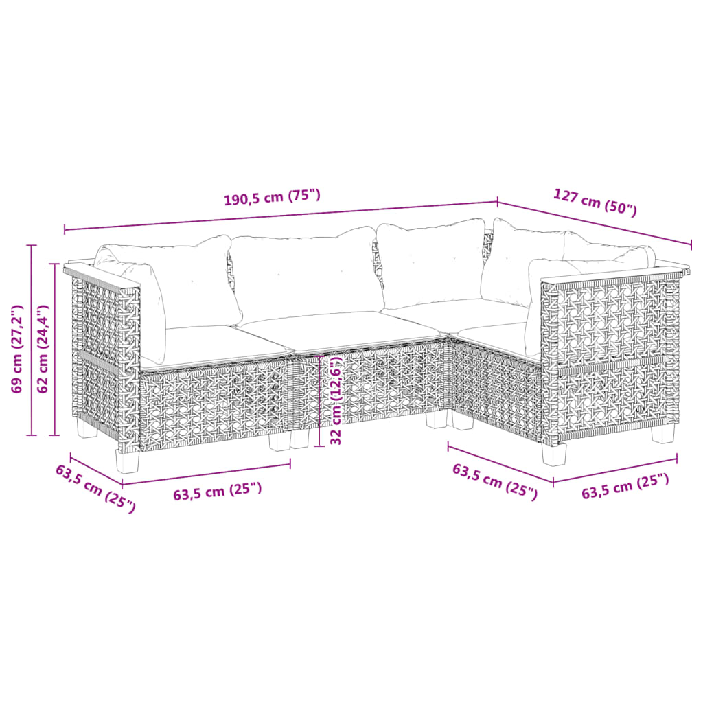 4 részes fekete polyrattan kerti ülőgarnitúra párnákkal 6