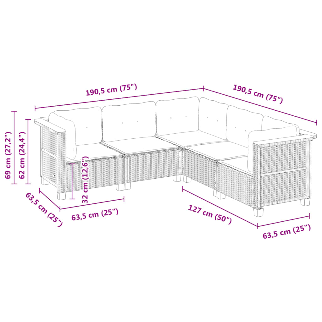 5 részes fekete polyrattan kerti kanapészett párnákkal 6