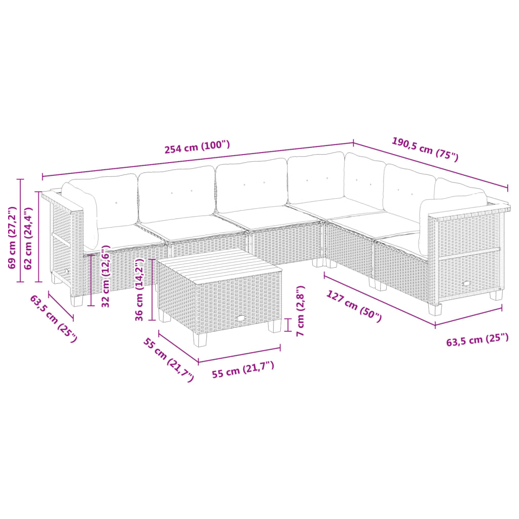 7 részes fekete polyrattan kerti ülőgarnitúra párnával 8