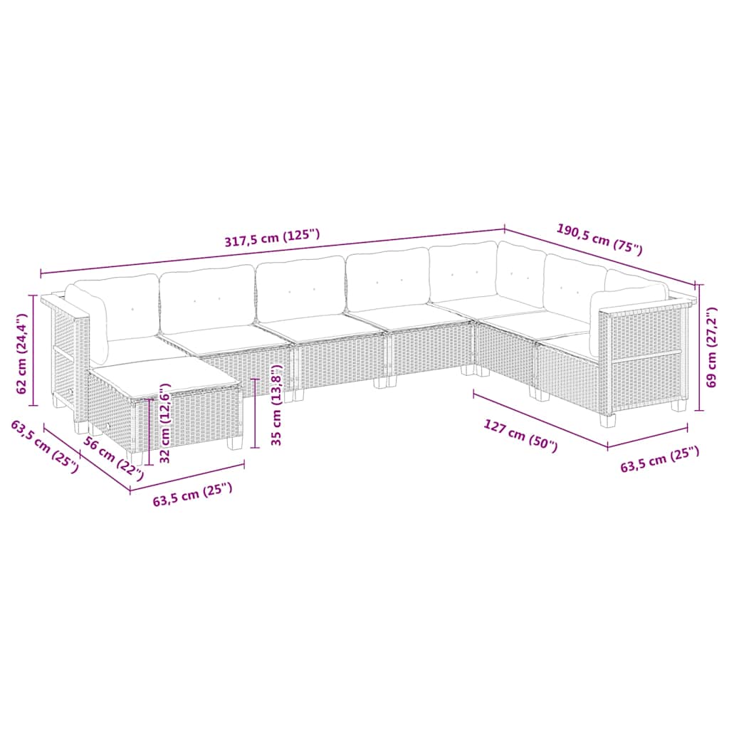 8 részes fekete polyrattan kerti ülőgarnitúra párnákkal 8