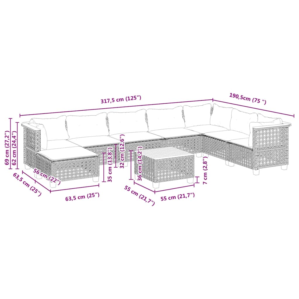 9 részes bézs polyrattan kerti ülőgarnitúra párnákkal 10