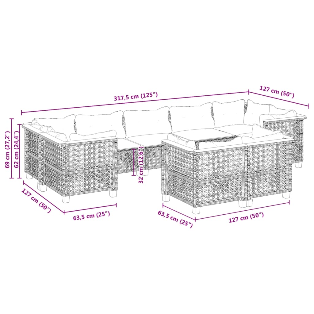 9 részes szürke polyrattan kerti ülőgarnitúra párnákkal 6