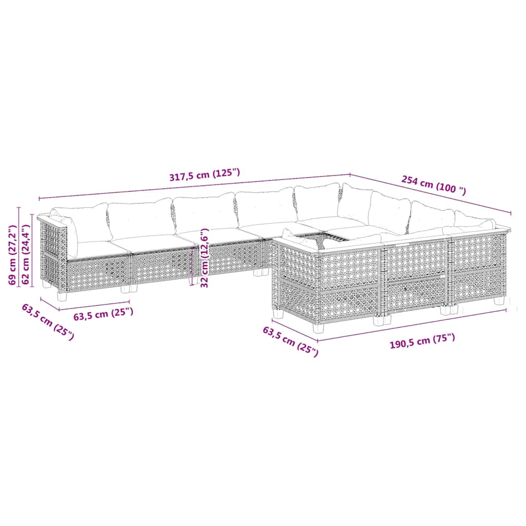10 részes bézs polyrattan kerti ülőgarnitúra párnával 6