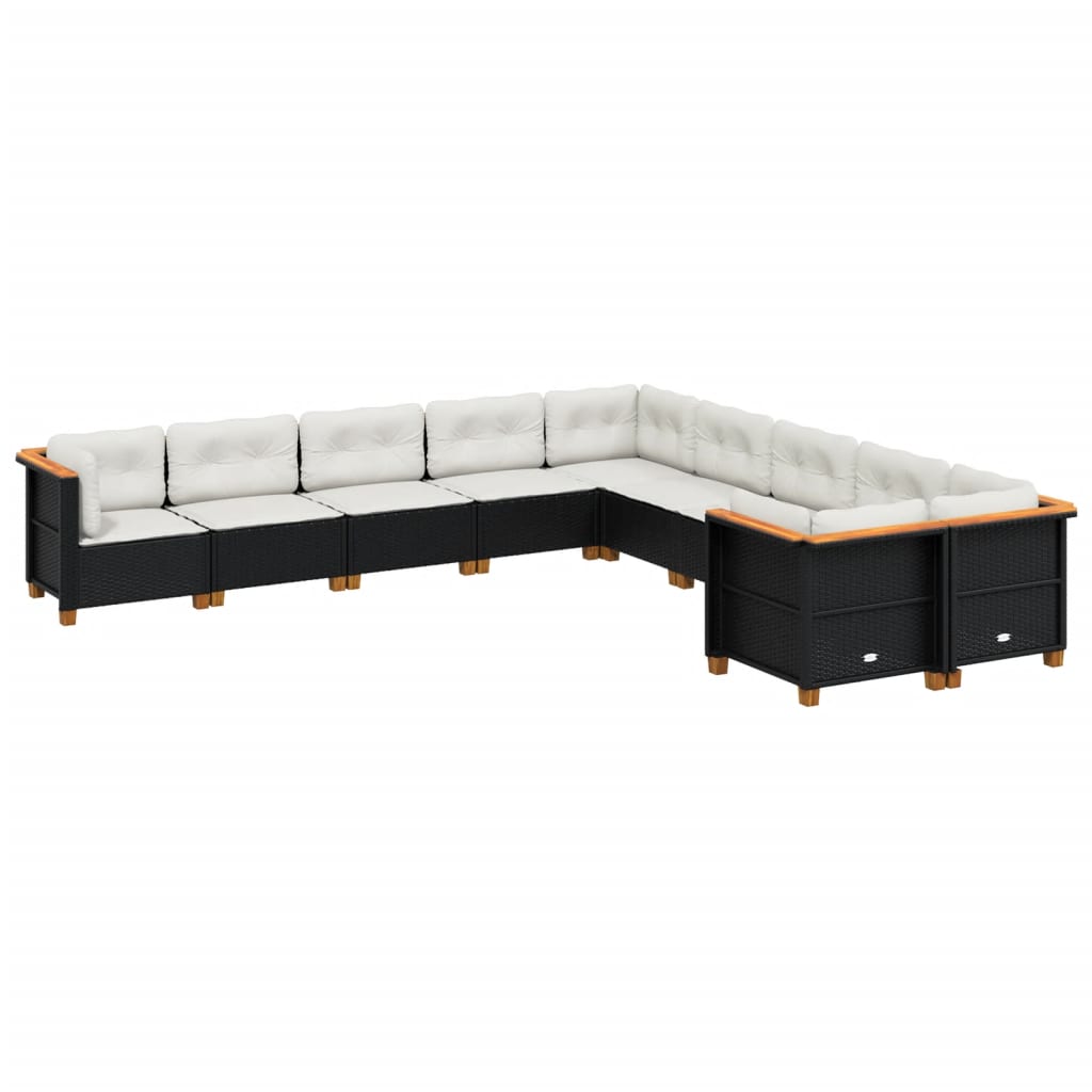 10 részes fekete polyrattan kerti ülőgarnitúra párnákkal 2