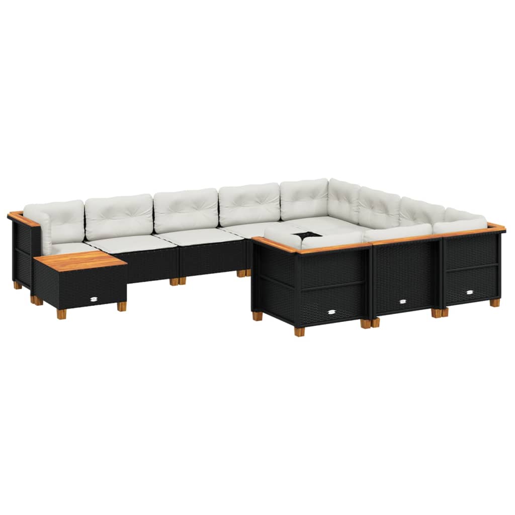 11 részes fekete polyrattan kerti ülőgarnitúra párnákkal 2