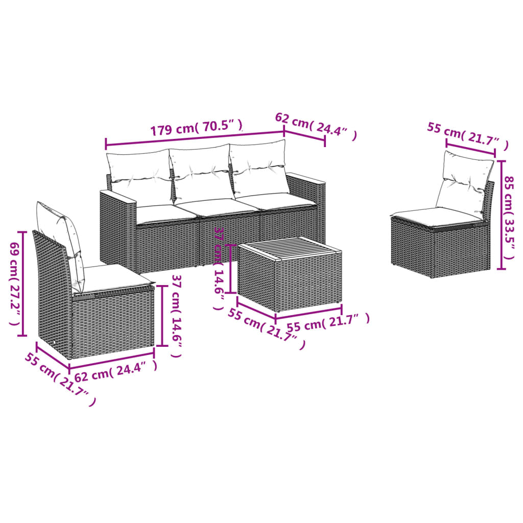 6 részes fekete polyrattan kerti ülőgarnitúra párnákkal 3