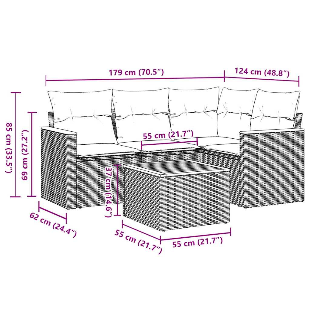 5 részes fekete polyrattan kerti kanapészett párnákkal 3