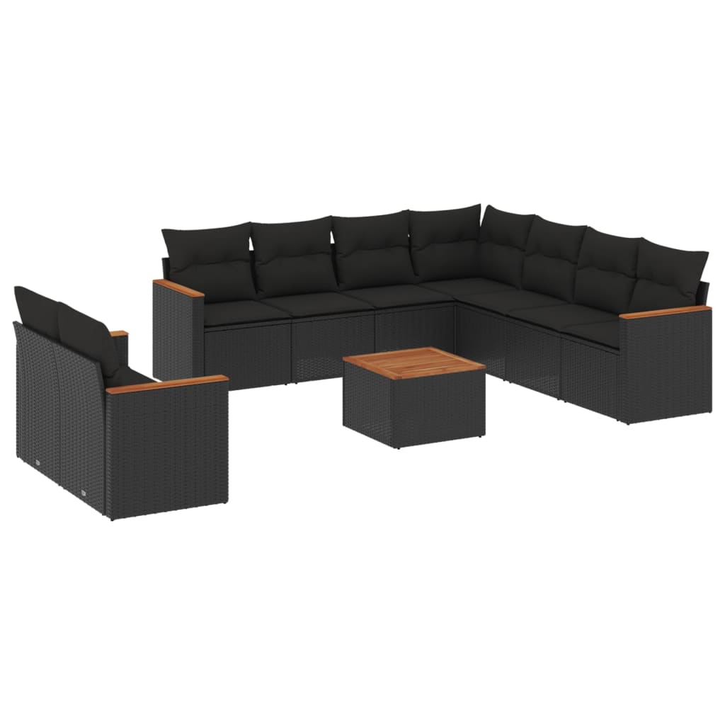 10 részes fekete polyrattan kerti ülőgarnitúra párnákkal 2