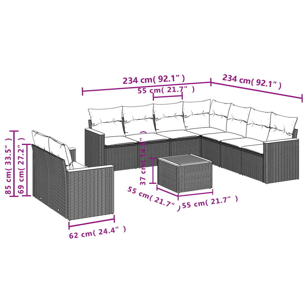 10 részes fekete polyrattan kerti ülőgarnitúra párnákkal 3