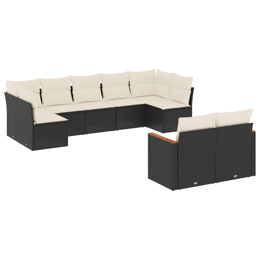 9 részes fekete polyrattan kerti ülőgarnitúra párnákkal 2