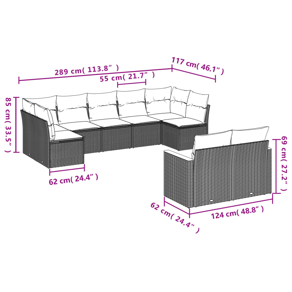9 részes fekete polyrattan kerti ülőgarnitúra párnákkal 3