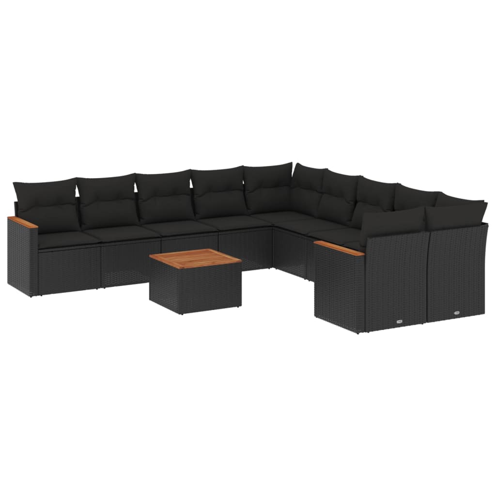 11 részes fekete polyrattan kerti ülőgarnitúra párnákkal 2