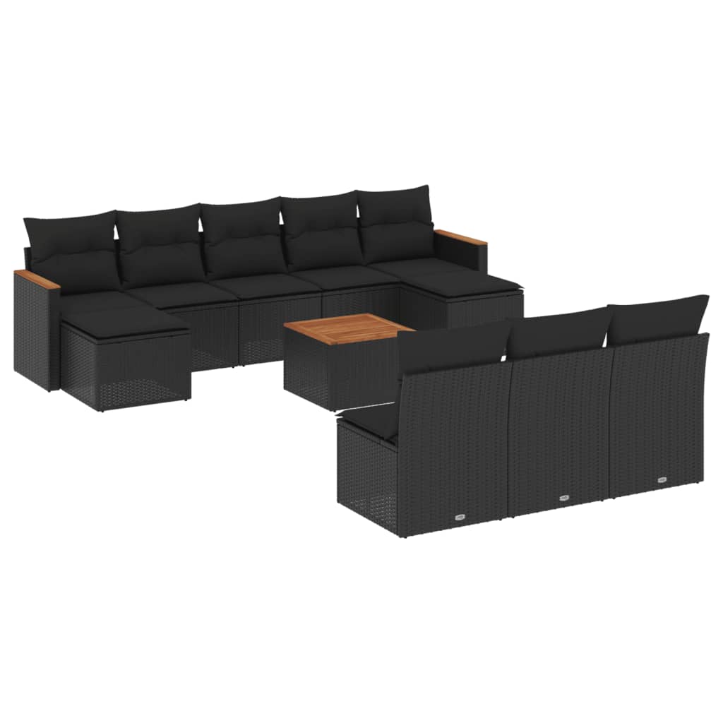 11 részes fekete polyrattan kerti ülőgarnitúra párnákkal 2