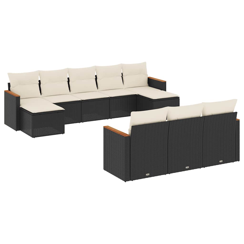 10 részes fekete polyrattan kerti ülőgarnitúra párnákkal 2