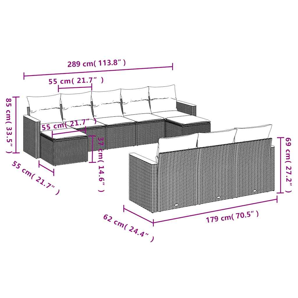 10 részes fekete polyrattan kerti ülőgarnitúra párnákkal 3
