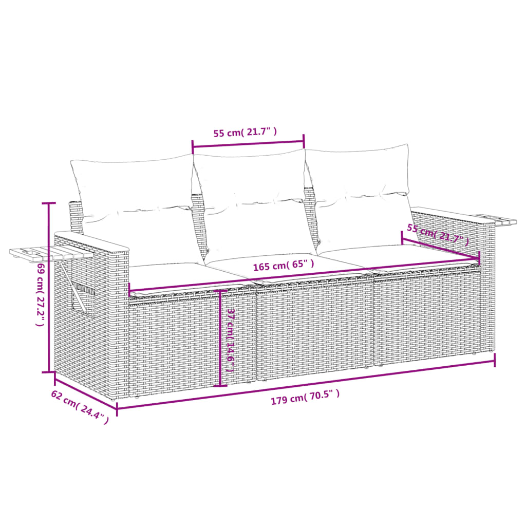 3 részes bézs polyrattan kerti ülőgarnitúra párnákkal 3