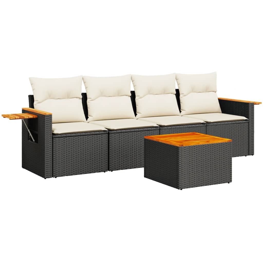 5 részes fekete polyrattan kerti kanapészett párnákkal 2