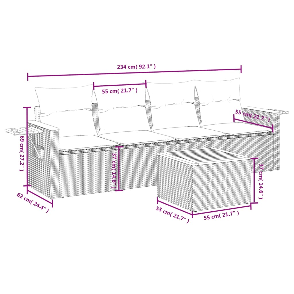 5 részes fekete polyrattan kerti kanapészett párnákkal 3