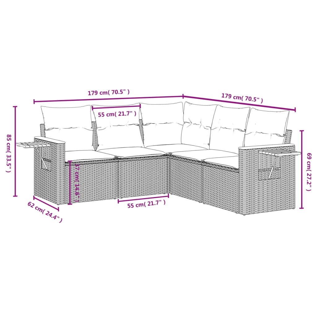 5 részes szürke polyrattan kerti ülőgarnitúra párnákkal 3