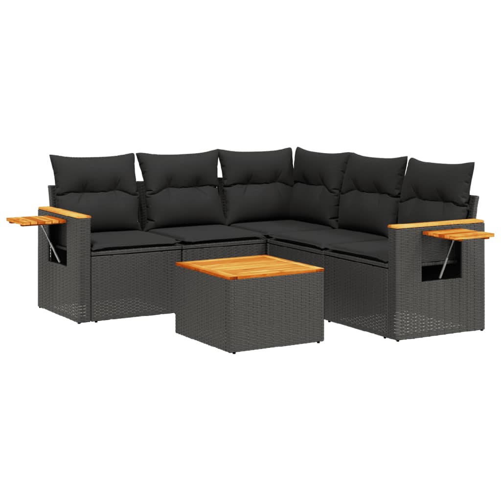 6 részes fekete polyrattan kerti ülőgarnitúra párnákkal 2