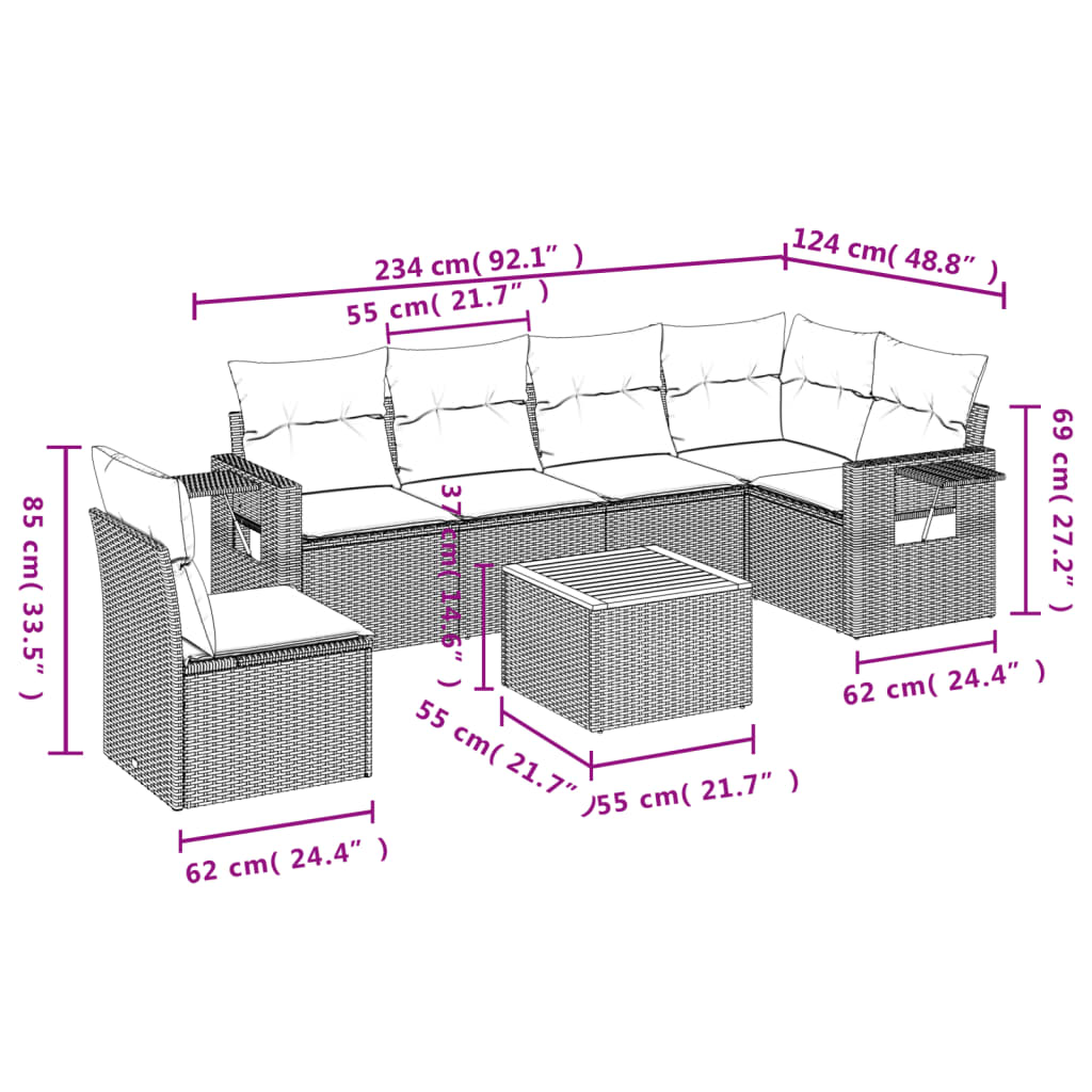7 részes bézs polyrattan kerti ülőgarnitúra párnákkal 3