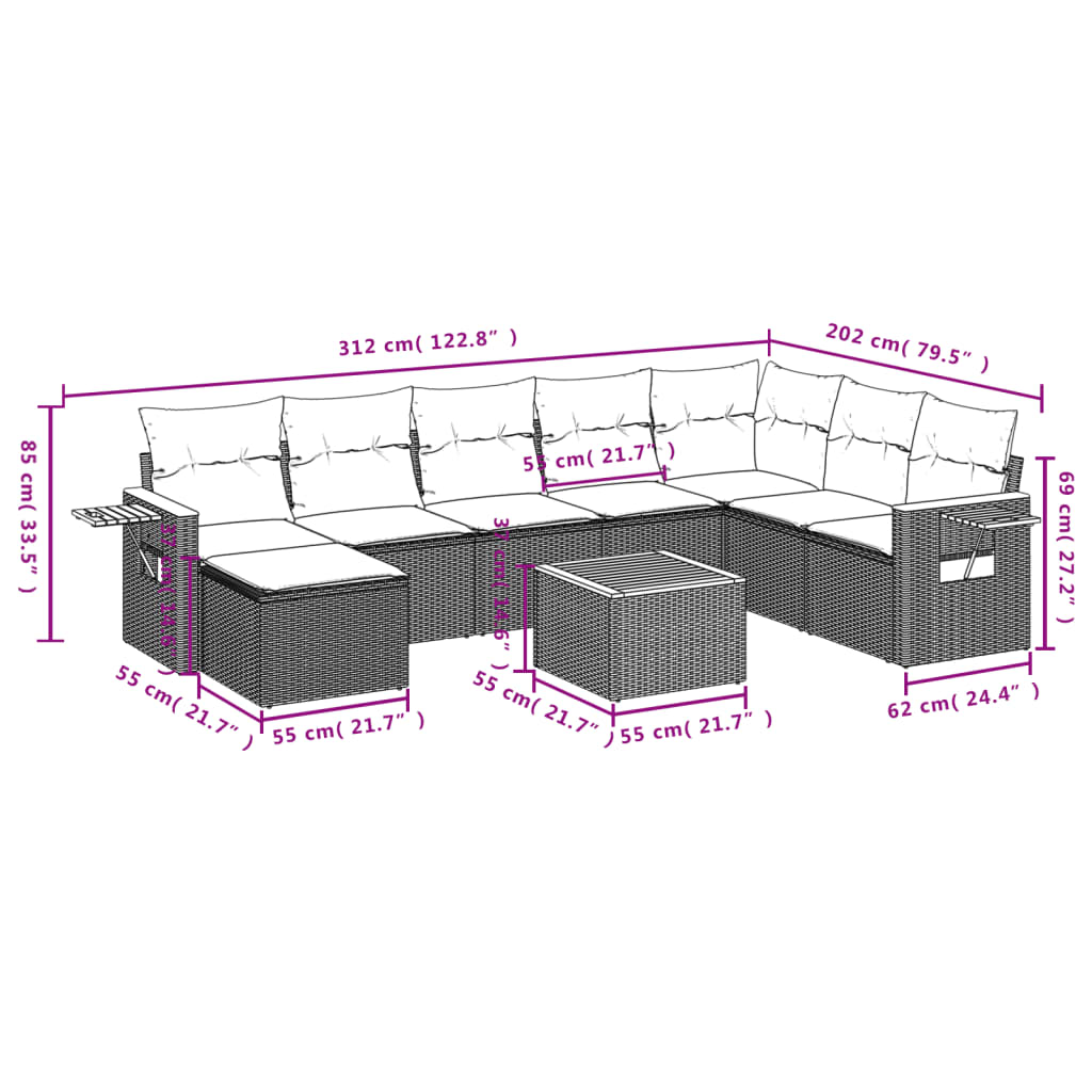 9 részes szürke polyrattan kerti ülőgarnitúra párnákkal 3